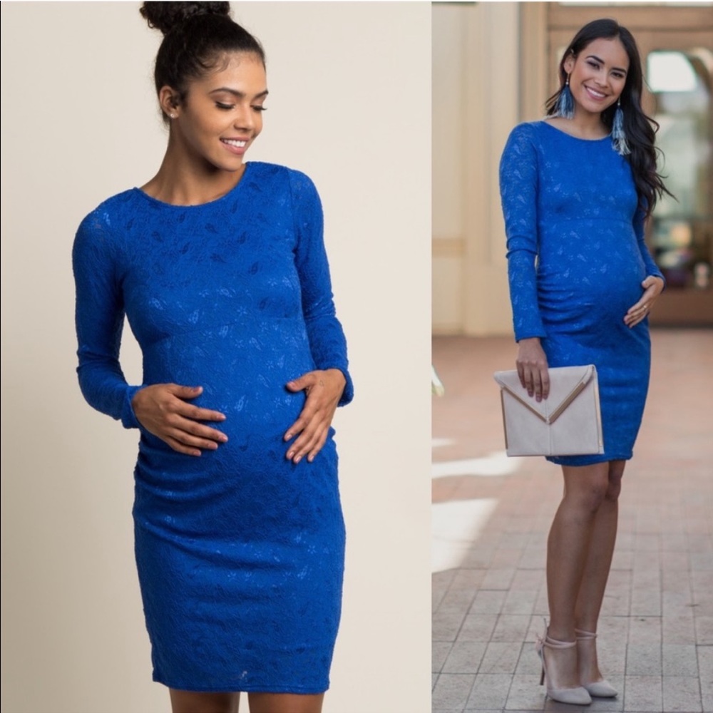 PinkBlush Cobalt Royal Blue Lace Long Sleeve Maternity Dress